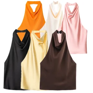 Satin Halterneck Top med Korsetdetalje – Åben Ryg Sommerbluse